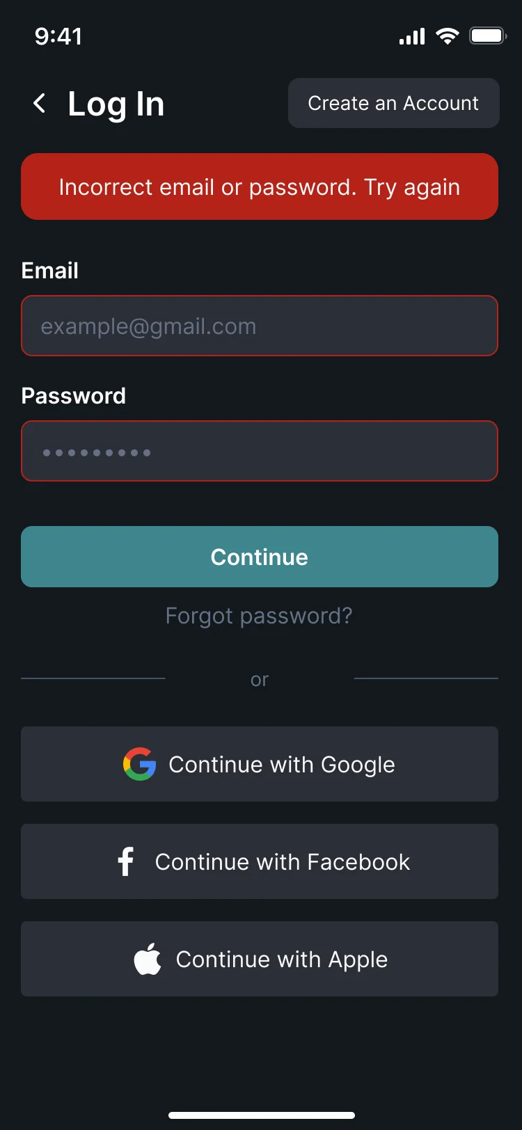 Log in with the error Incorrect email or password. Try again, and both fields outlined in red