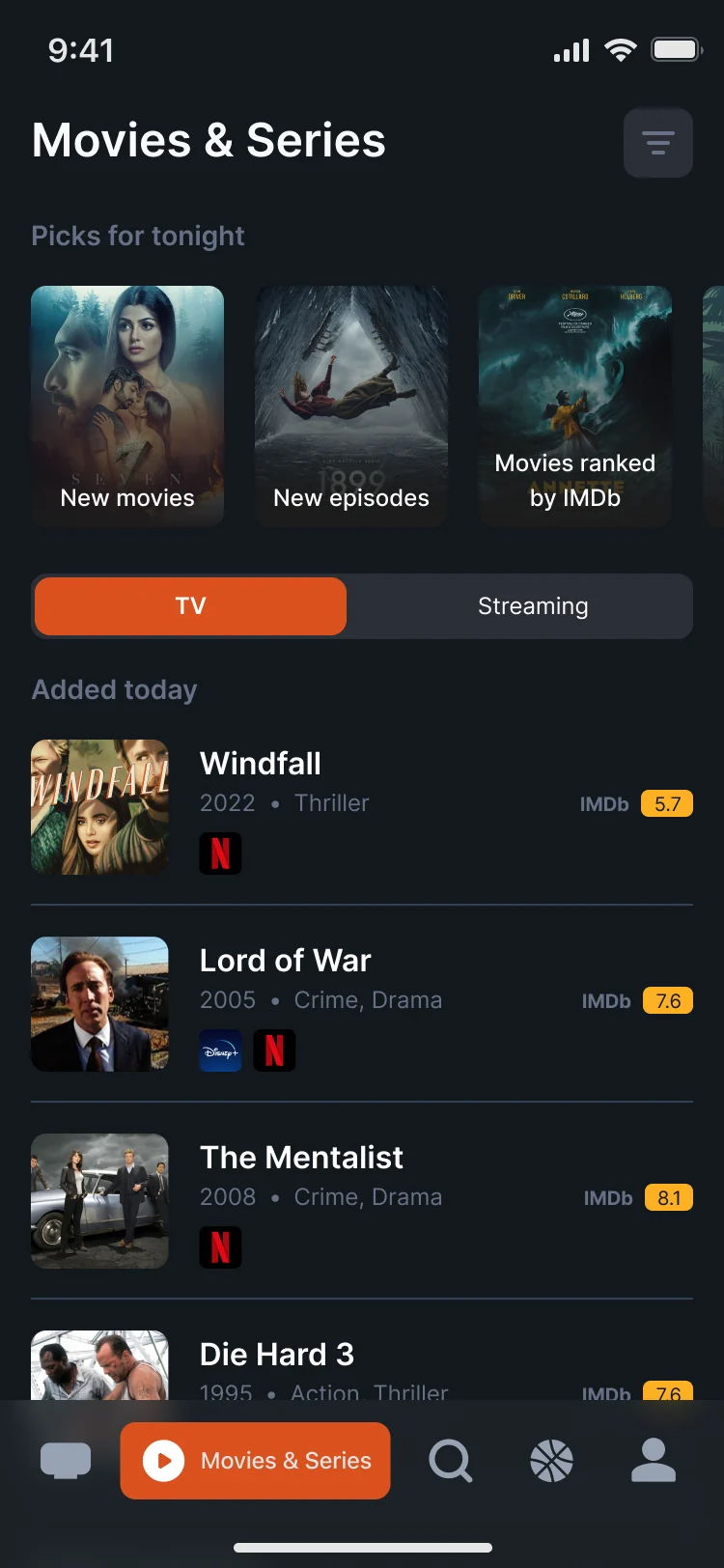 Movies & Series: picks for tonight, a TV and Streaming switch, and today’s additions Windfall, Lord of War, The Mentalist and Die Hard 3 with year, genre, IMDb rating and where they stream