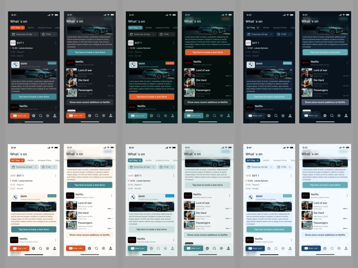 Three visual directions for What’s on, each in dark and light: orange, teal and blue accents on the same schedule and sponsored card