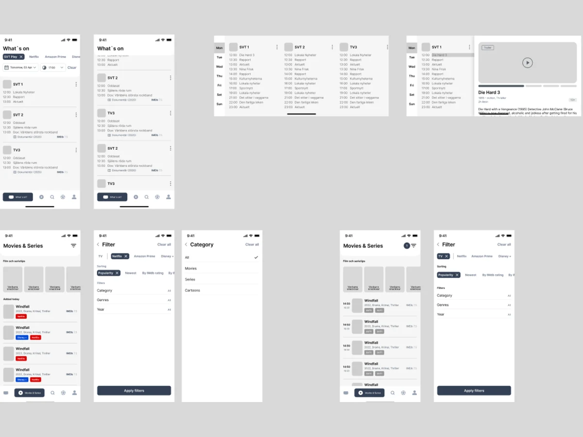 Grey wireframes of What’s on, a tablet schedule grid, a programme page with a trailer, and the films and series list with its filters