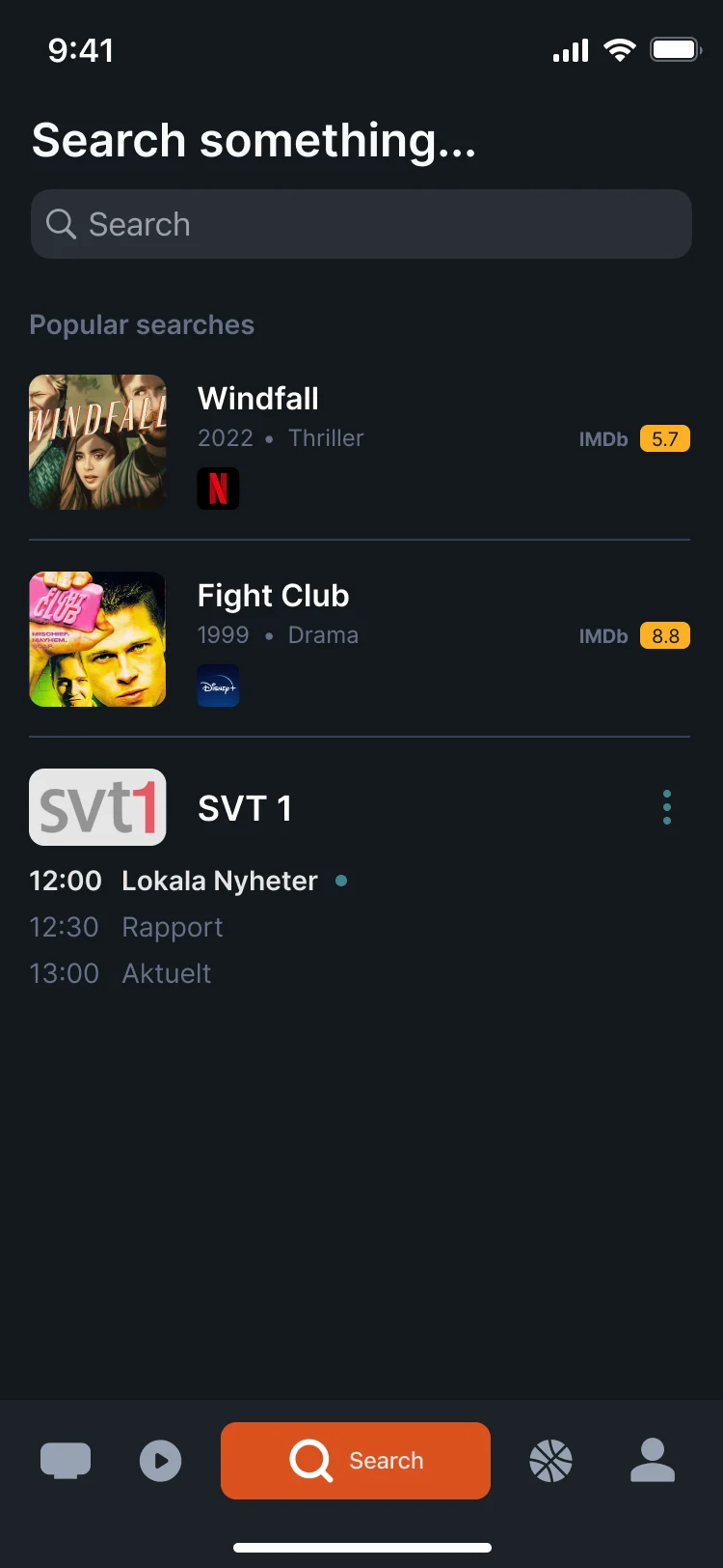 Search with popular searches: Windfall on Netflix, Fight Club on Disney+, and SVT 1 with its next three programmes
