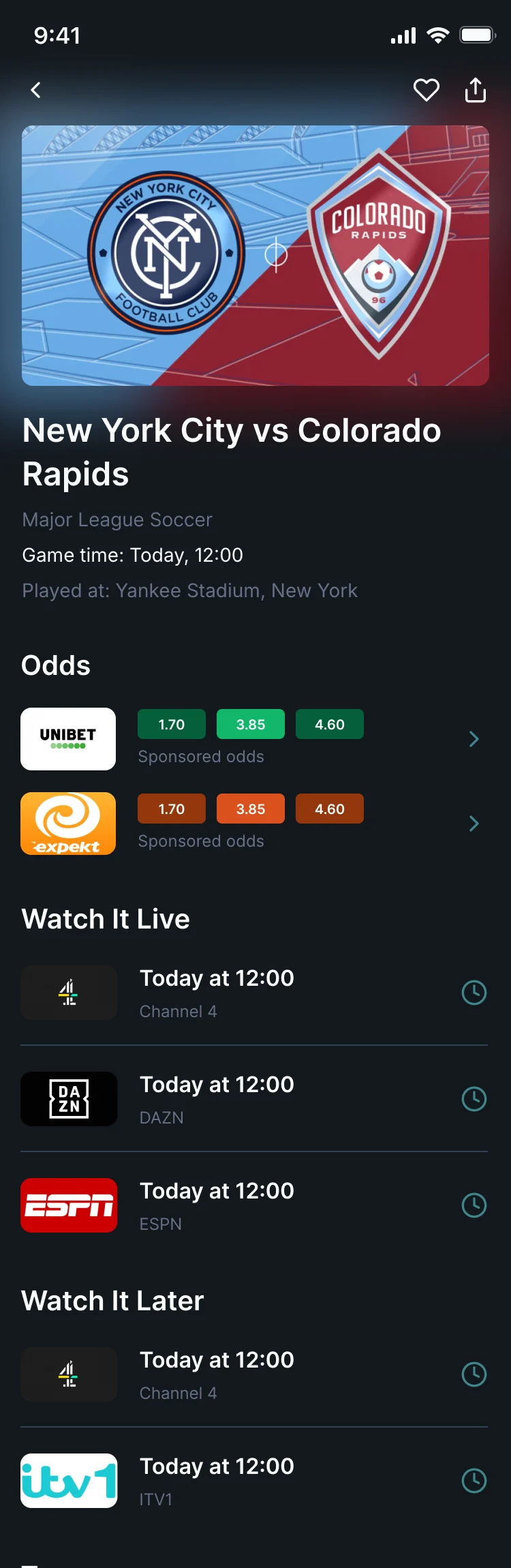 Match page for New York City vs Colorado Rapids: kick-off time, sponsored odds, Watch It Live on Channel 4, DAZN and ESPN, Watch It Later on Channel 4 and ITV1, and both teams