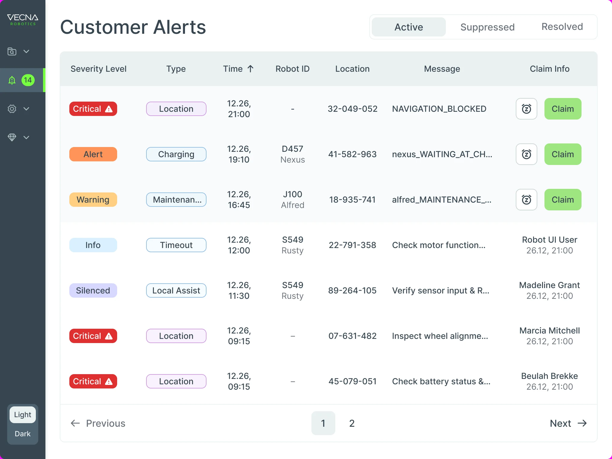 The same alerts at 1024 by 768: the side menu reduced to icons and long messages truncated