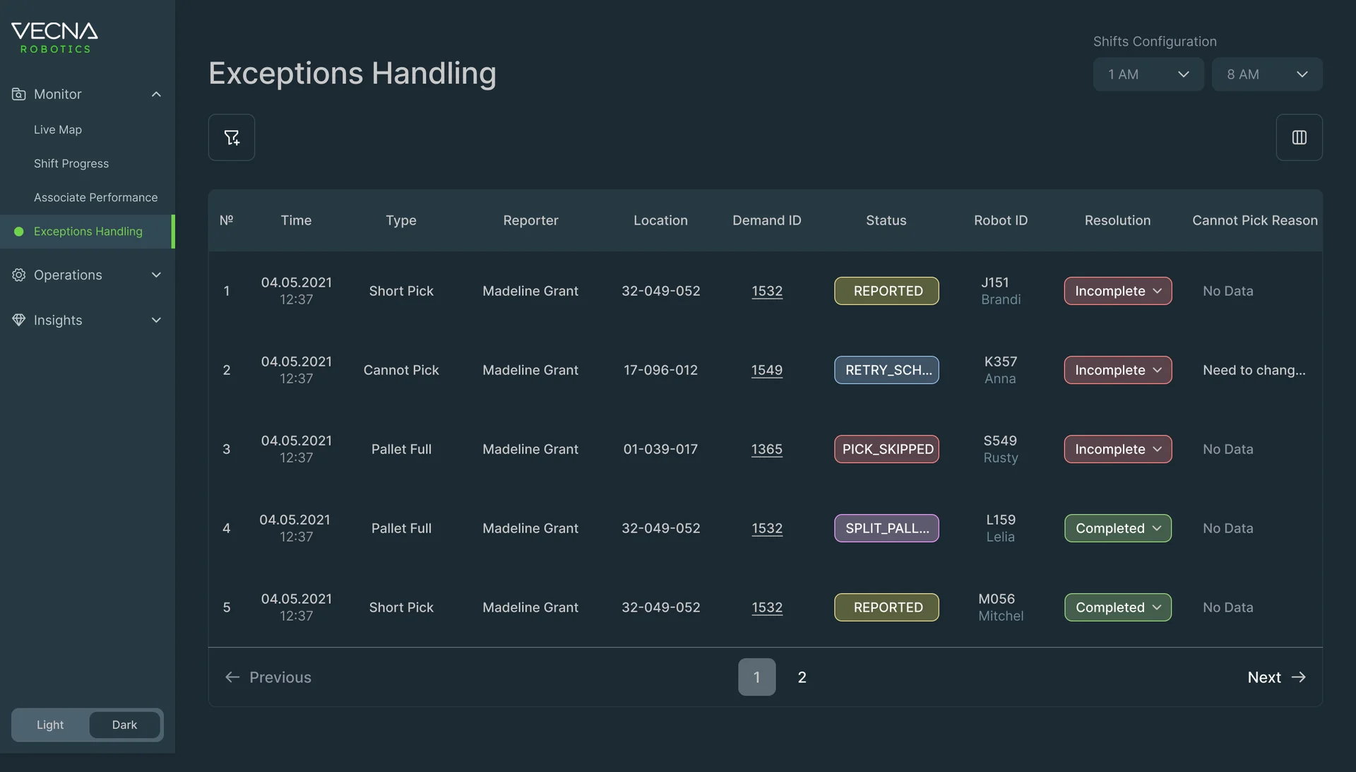 The same Exceptions Handling screen in the dark theme