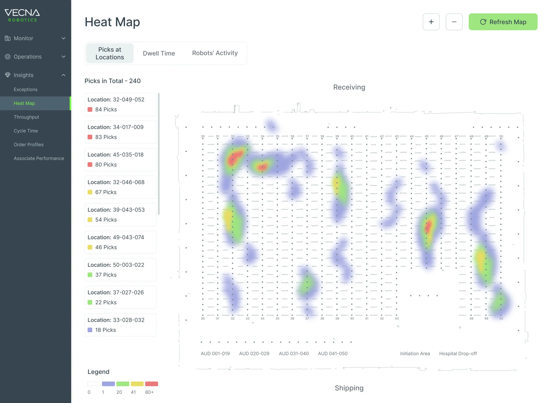 Console Heat Map of picks at locations: 240 picks in total, the busiest locations listed with their pick counts, and the warehouse floor coloured from 0 to 80 plus picks
