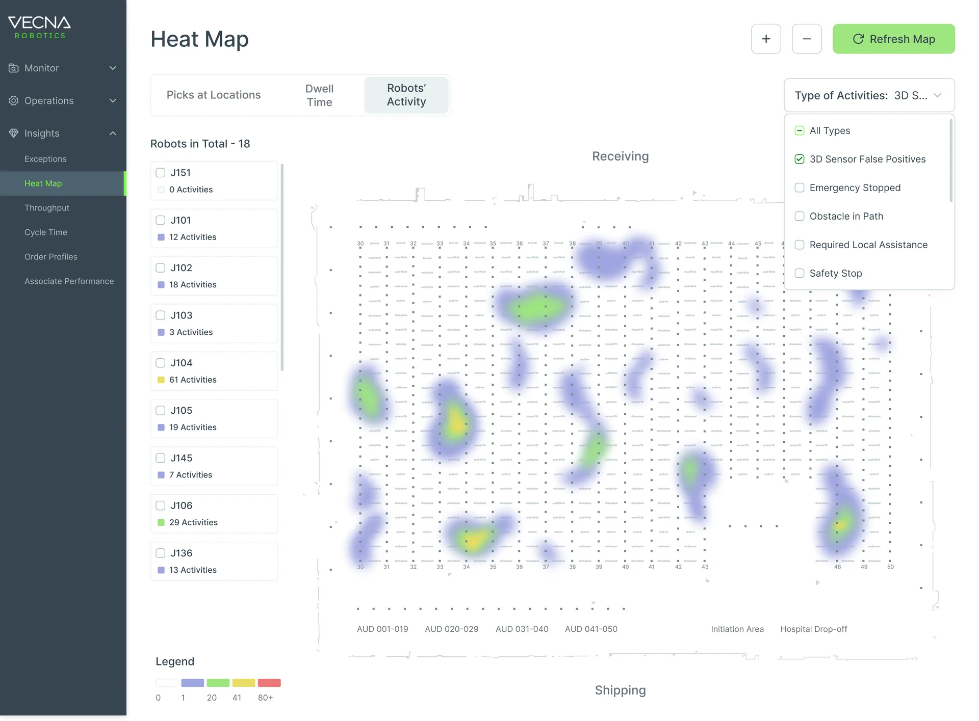 Console Heat Map of robots’ activity: 18 robots listed with their activity counts, the activity type filter open on 3D sensor false positives, and the floor coloured by activity