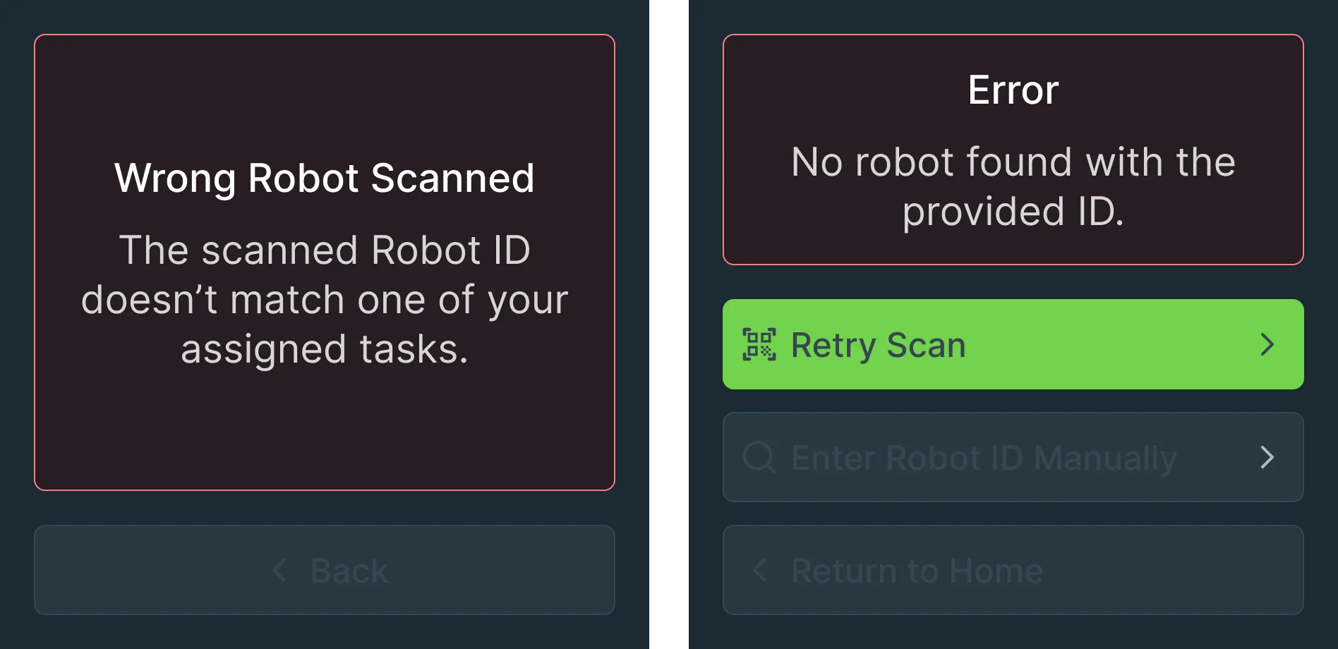 WS50 error screens: Wrong Robot Scanned, the scanned robot doesn’t match your tasks; and Error, no robot found with the provided ID, with Retry Scan, Enter Robot ID Manually and Return to Home