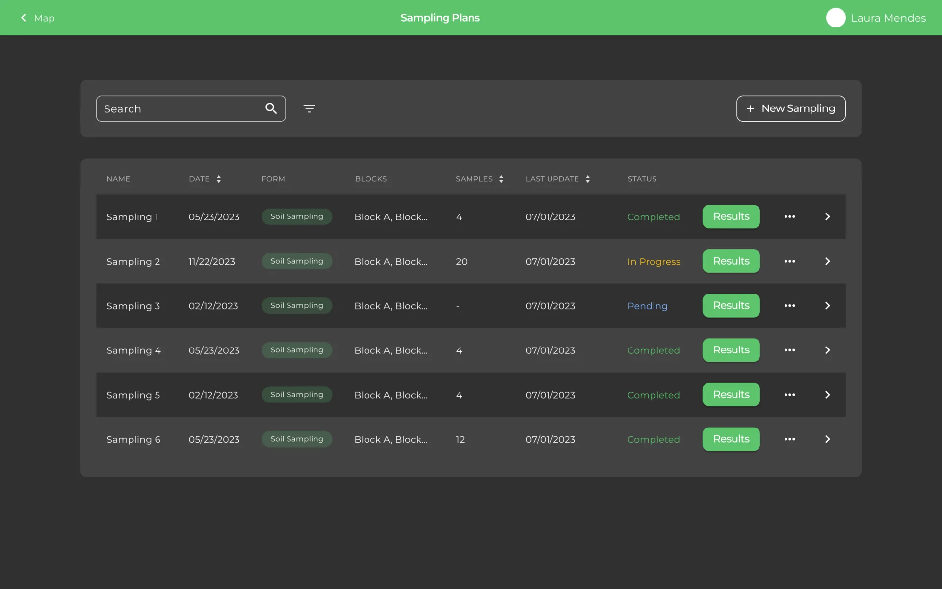 VineView Sampling Plans table: name, date, form, blocks, samples, last update and status for six plans, with a New Sampling button