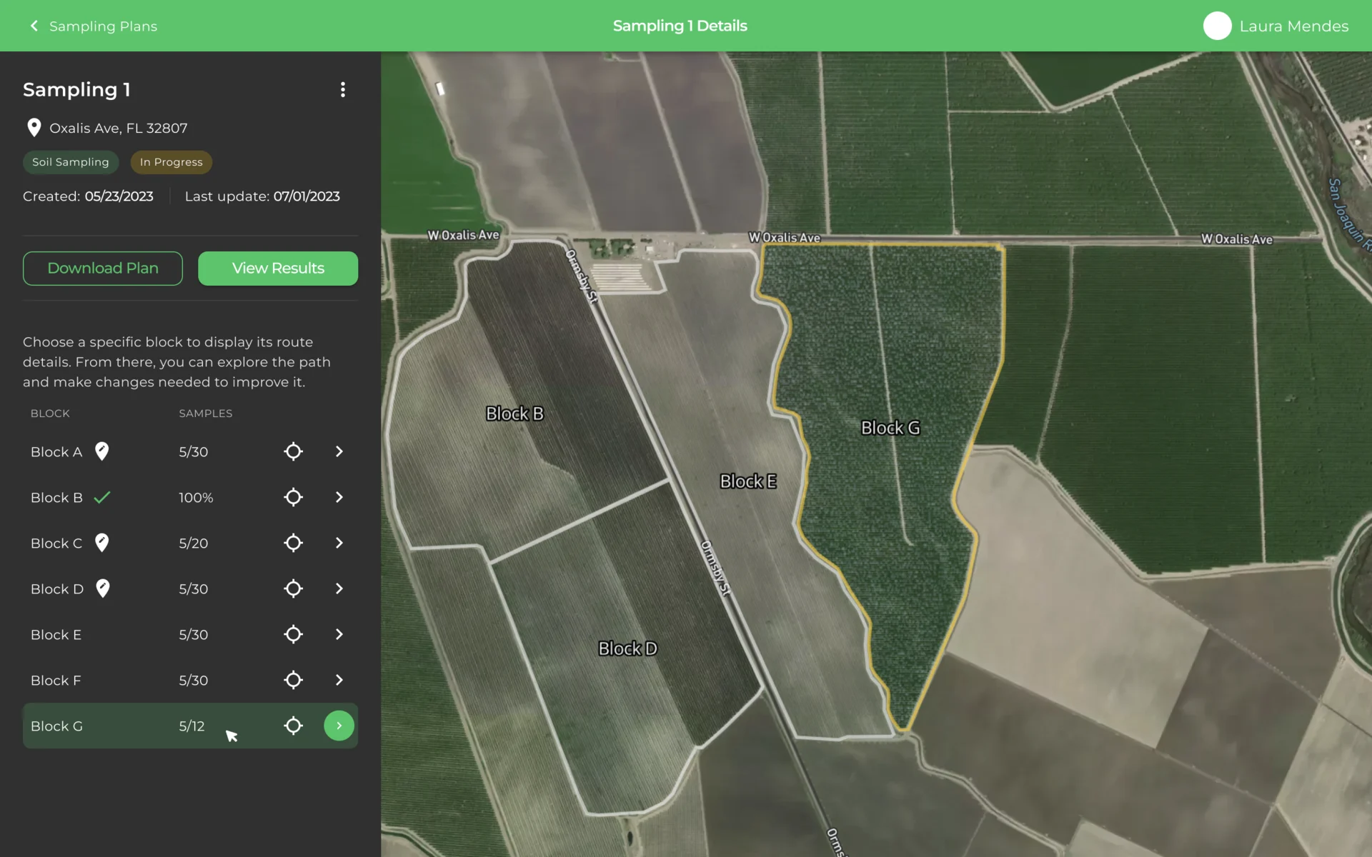 Sampling 1 details: the list of blocks with their samples, Block G selected, and the block highlighted on the aerial map