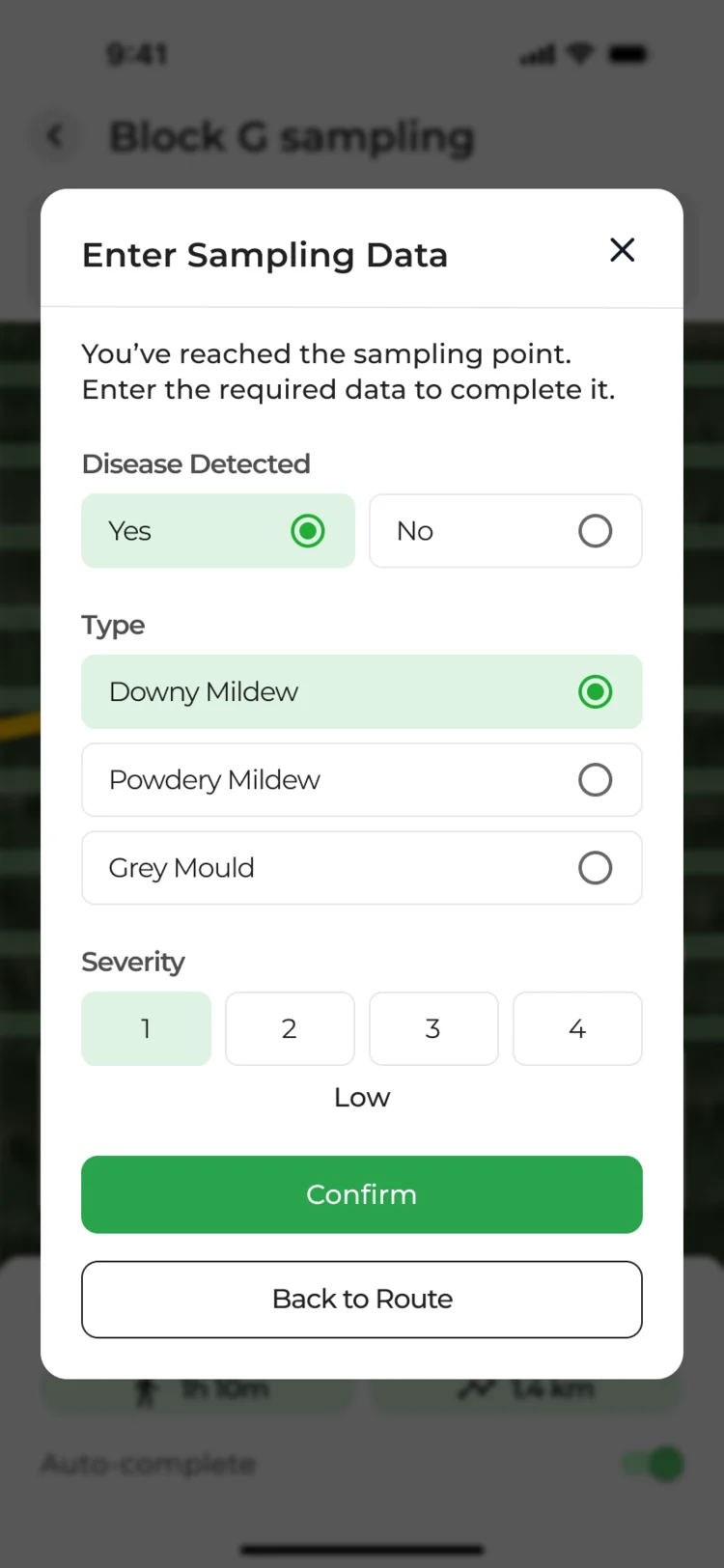 Enter Sampling Data pop-up: disease detected yes or no, type (downy mildew, powdery mildew, grey mould), a severity scale from 1 to 4, Confirm and Back to Route