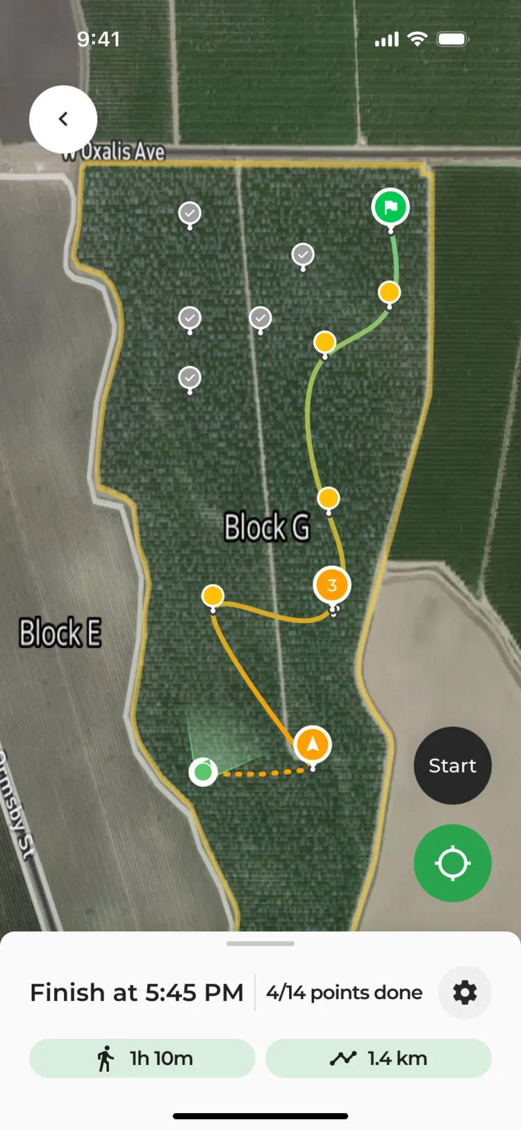 Map with the route drawn through Block G and a Start button, the finish time and 4 of 14 points done