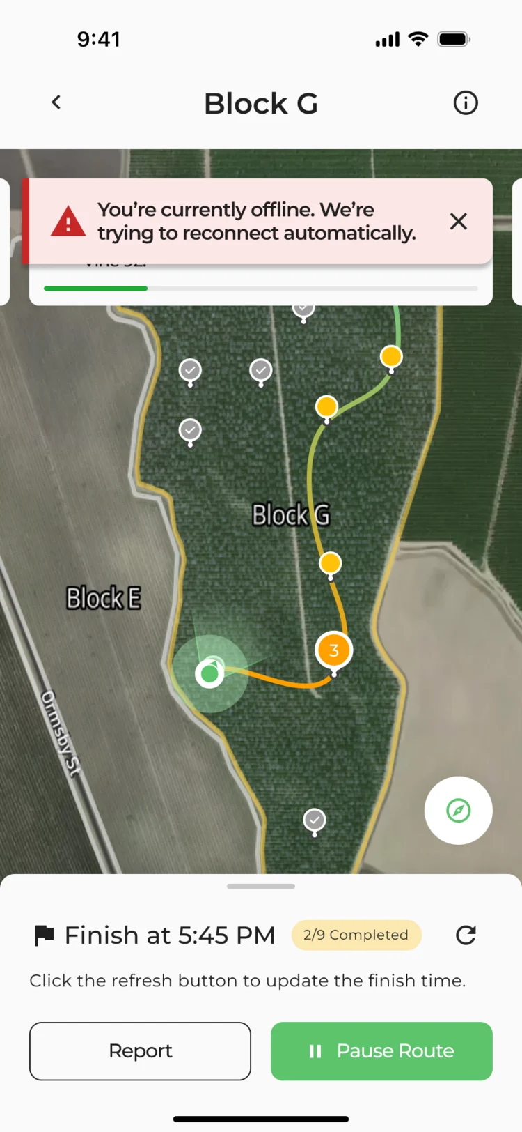 Block G route with a notice that the phone is offline and the app is trying to reconnect
