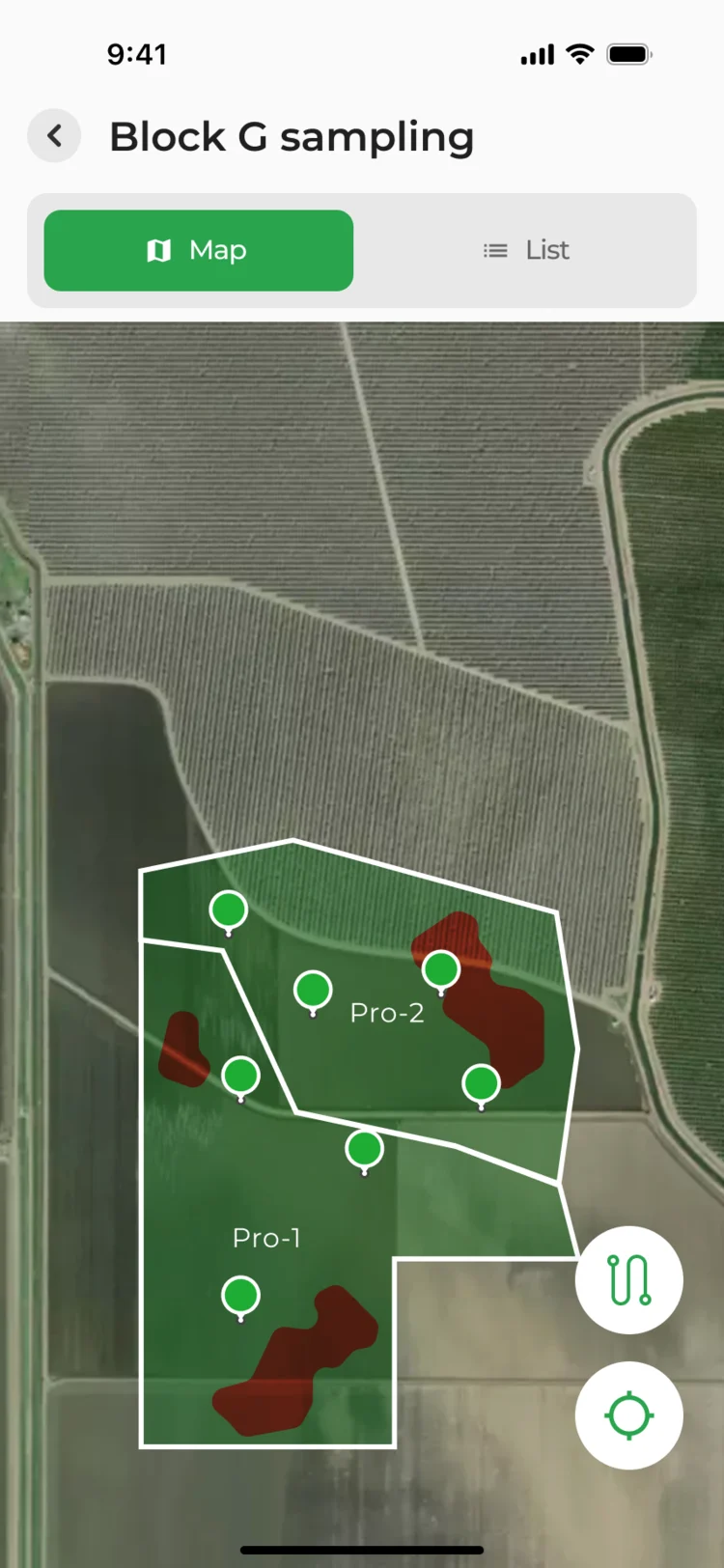 Block G sampling on the map: blocks Pro-1 and Pro-2 outlined, sampling points and crop zones shown on the aerial image