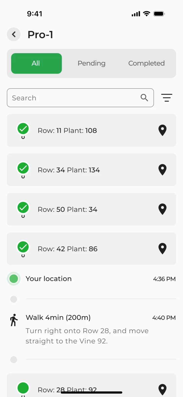 Points in Pro-1, All: four done, your location, a four-minute walk to Row 28, Plant 92, then the pending points