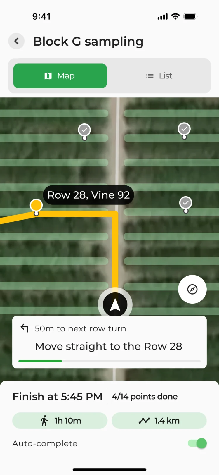 VineView route navigation: Block G sampling with the Map and List switch, the path to Row 28, Vine 92 on the aerial map, the next turn in 50 m, and a panel with the finish time, 4 of 14 points done, 1 h 10 min, 1.4 km and Auto-complete