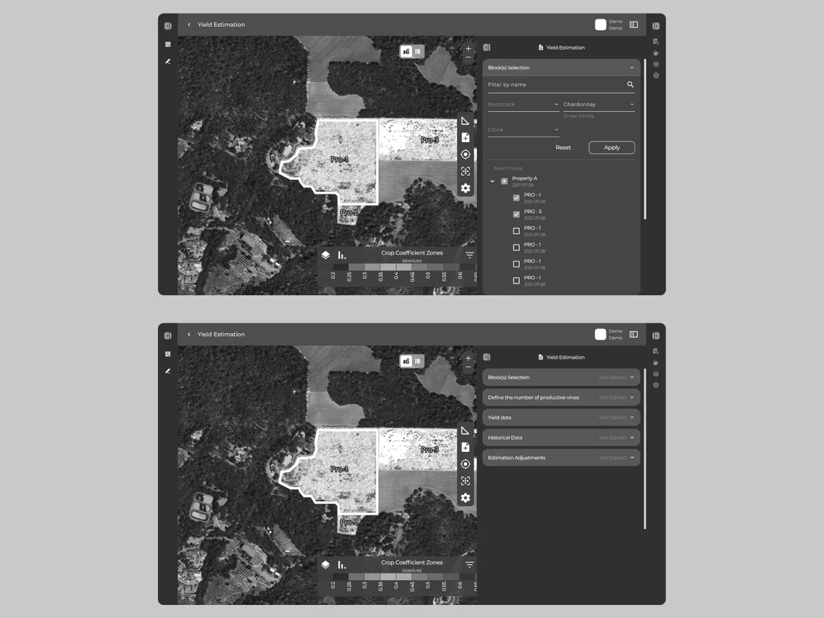 Two greyscale yield estimation wireframes on an aerial map: block selection with filters and a list of blocks, then the list of estimation steps