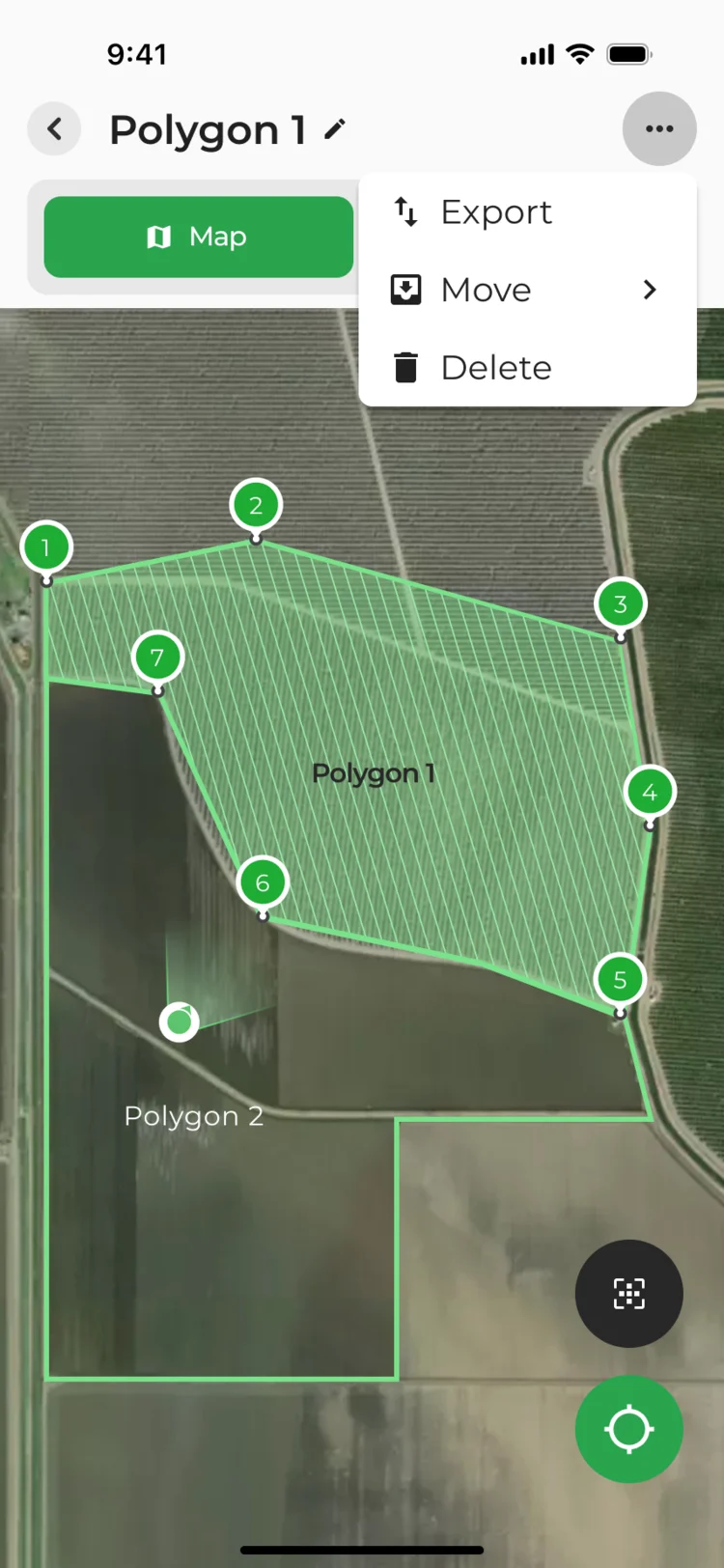Polygon 1 on the map with its menu open: Export, Move and Delete
