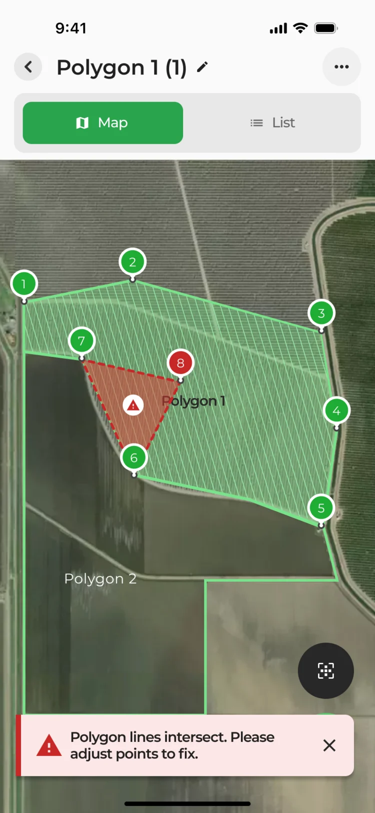 The polygon on the map with the intersecting part filled red and an error notice
