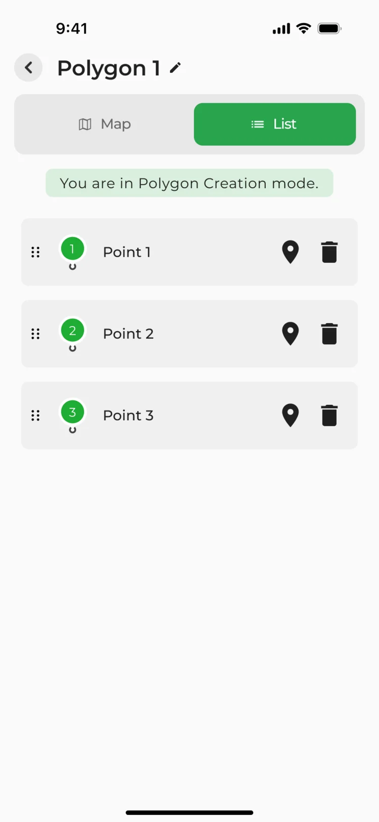 Polygon creation in list view: points 1 to 3, each with a locate and a delete action