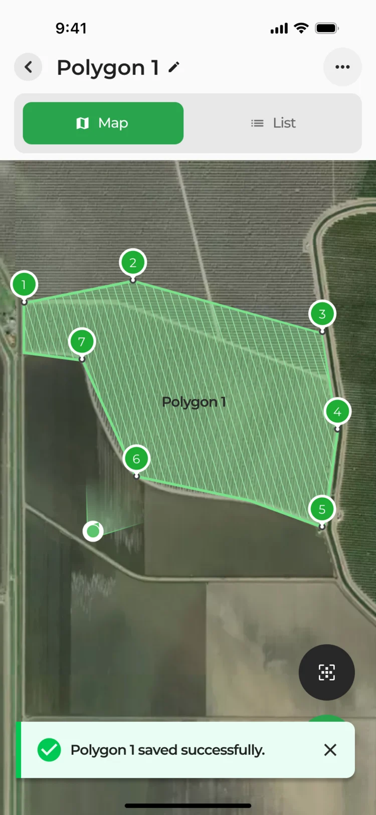 Polygon 1 saved: the finished shape on the aerial map and a success notice