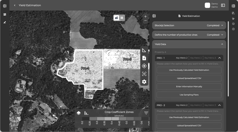 Greyscale wireframe: the Yield data step open with options to use a previous estimation, upload a spreadsheet, enter data manually or use a sampling plan
