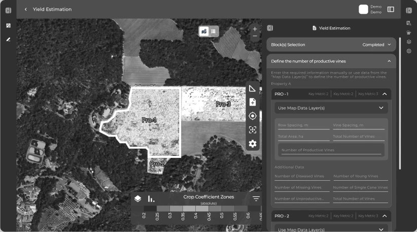 Greyscale wireframe: a block outlined on the aerial map, and the Define the number of productive vines step open with fields per block