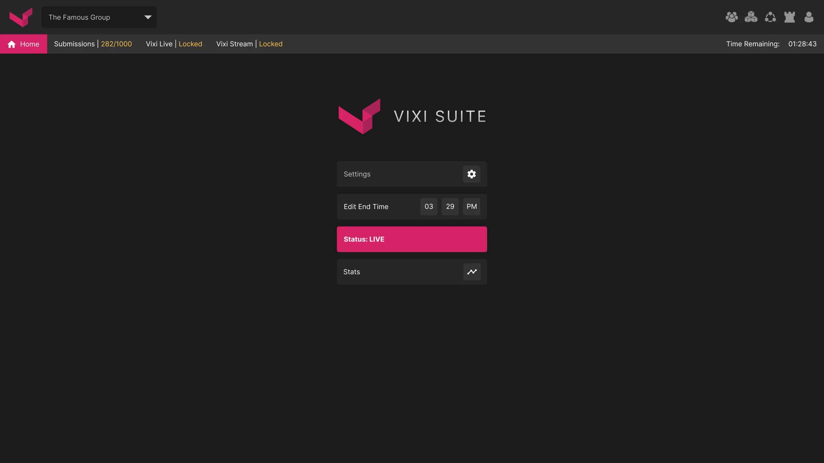 Home during a live event: status live, end time, Vixi Live and Stream locked, submissions and time remaining