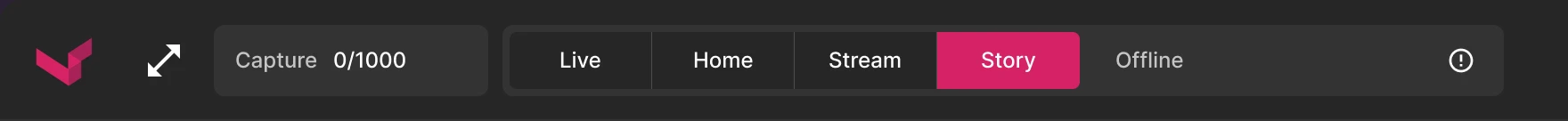 Vixi Suite top bar: the logo, captures against the limit, the Live, Home, Stream and Story tabs, and the show’s status