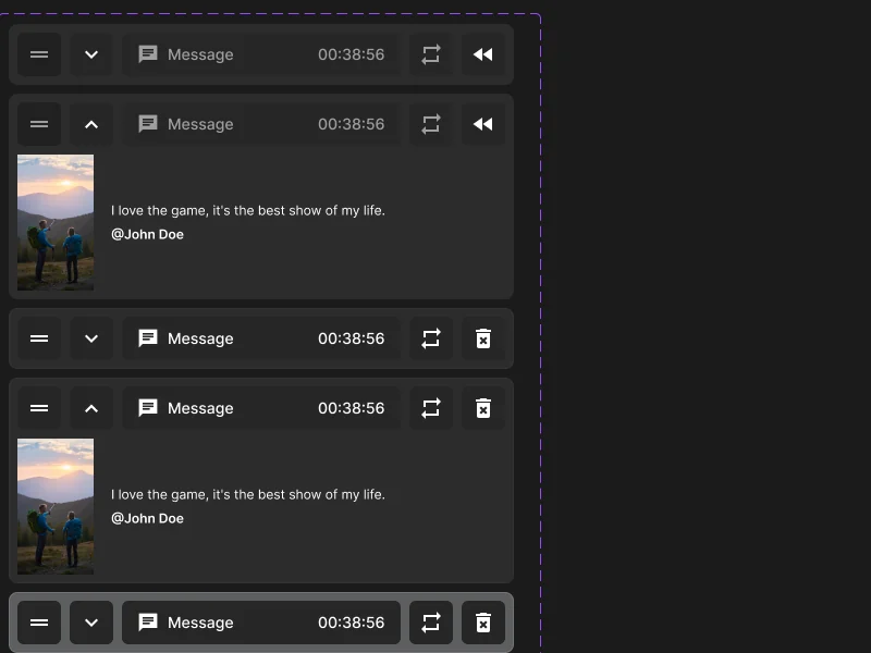 A playlist item component from the UI kit in collapsed, expanded and hover states