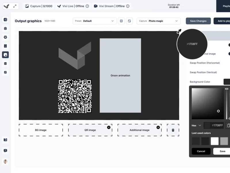 Light desktop wireframe of the output graphics editor with a colour picker