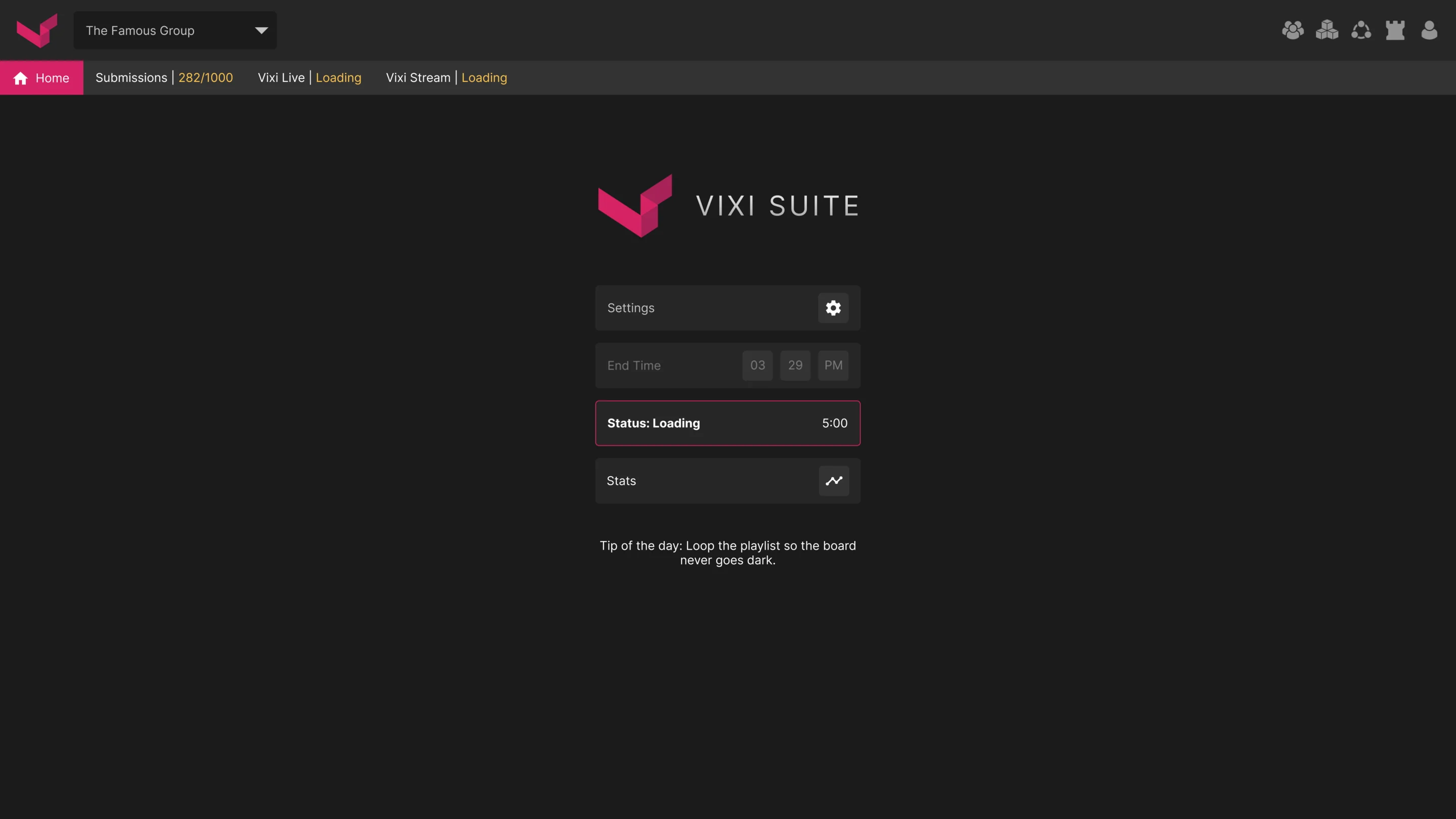 Start-up state: modules loading with a five-minute countdown and the end time locked