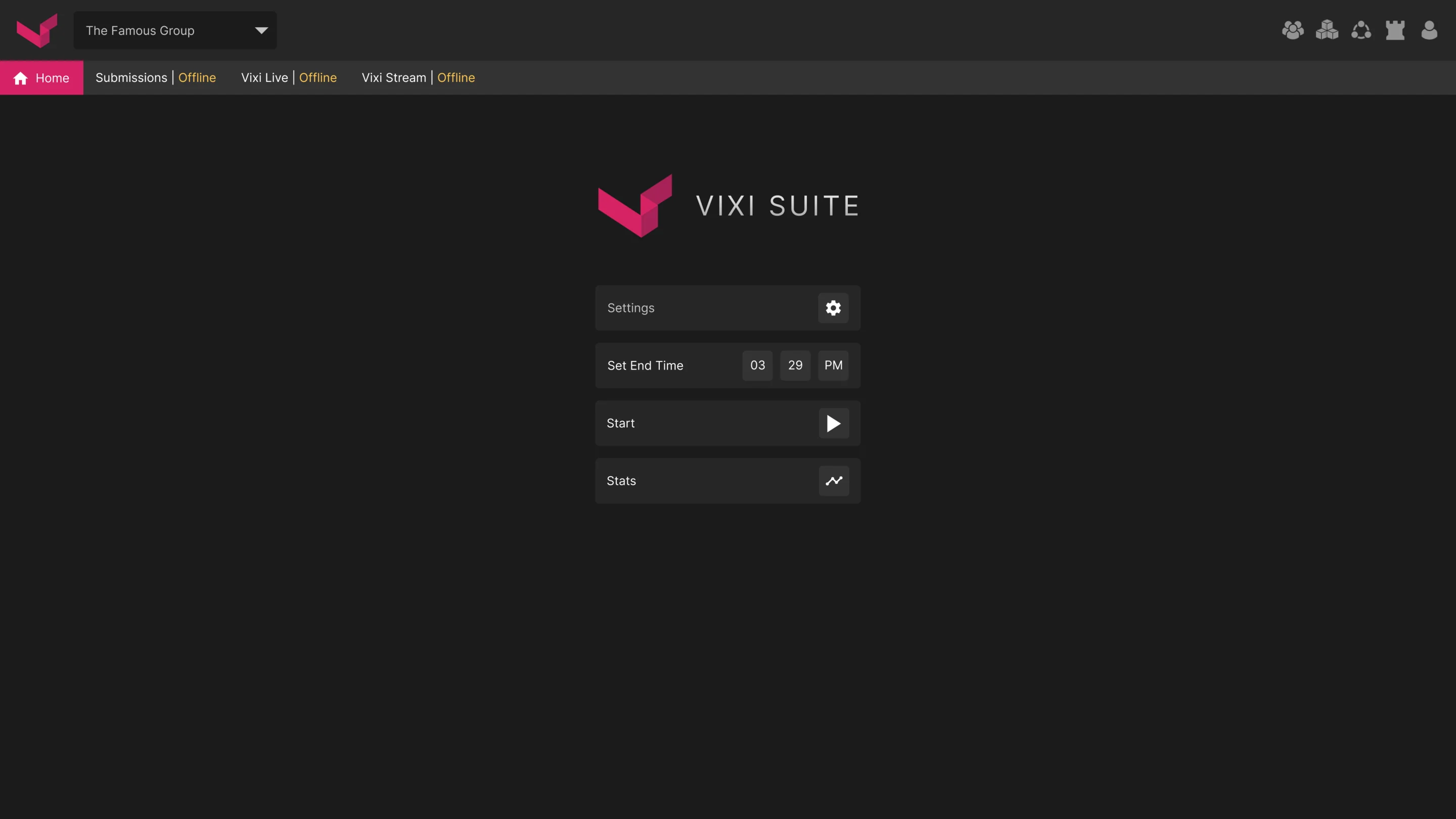 Home before the event: every module offline, the end time set, and Start and Stats buttons