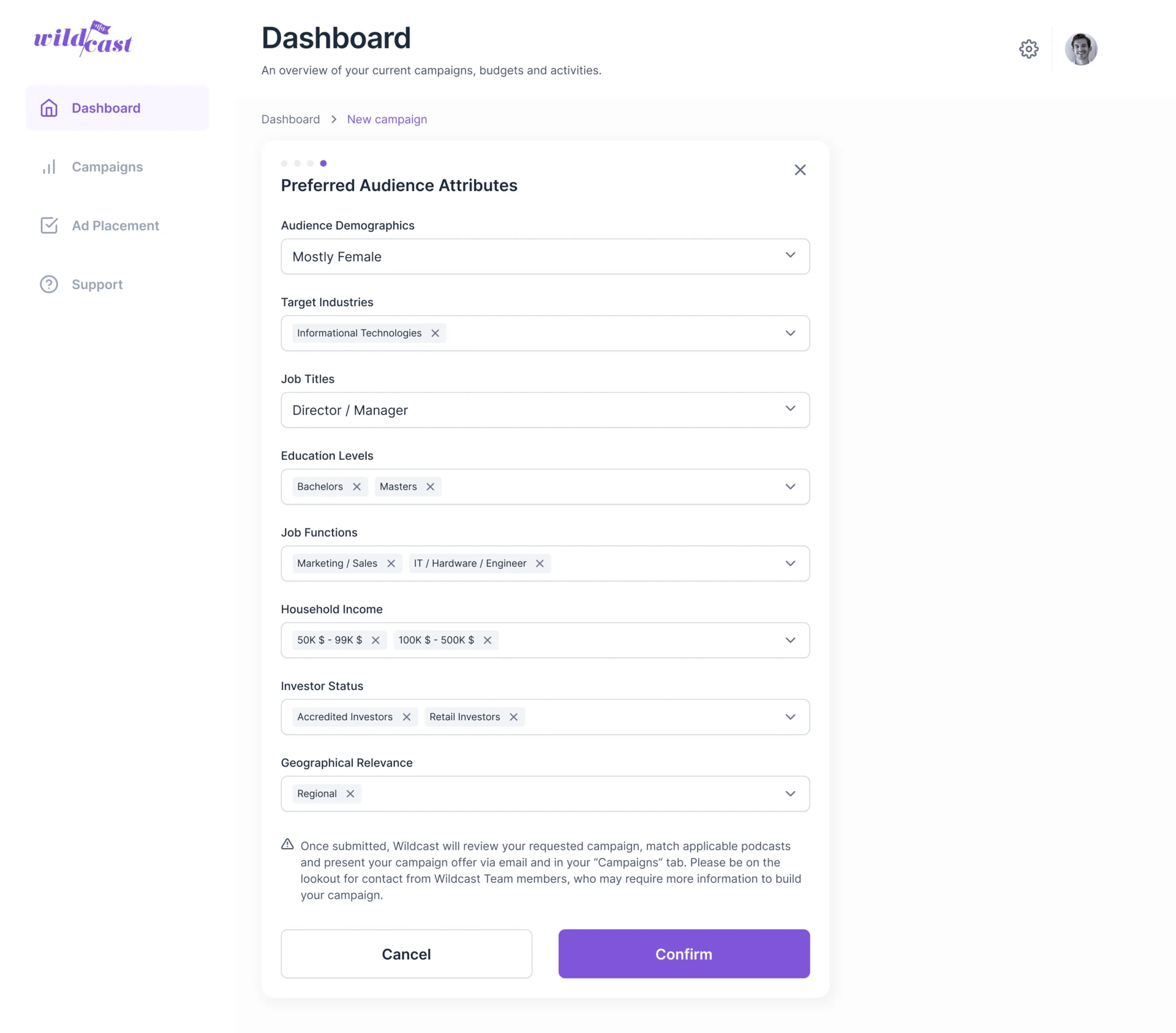 Create new campaign, preferred audience attributes: audience demographics, target industries, job titles, education levels, job functions, household income, investor status and geographical relevance, with Cancel and Confirm