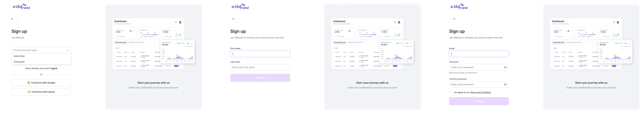 Podcaster sign-up flow fragment: choosing the account type, entering first and last name, then email and password