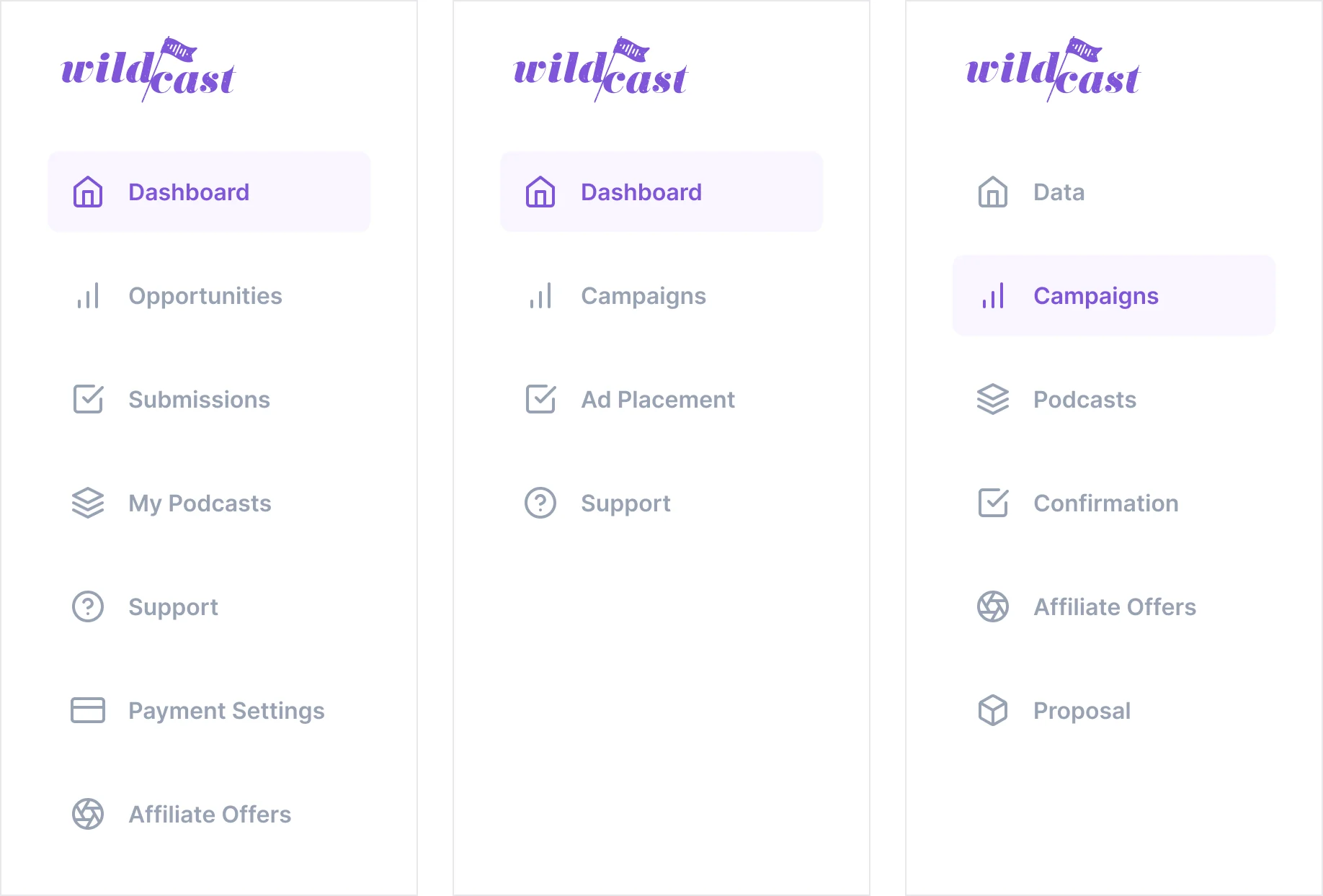 The three side menus: Podcaster with Dashboard, Opportunities, Submissions, My Podcasts, Support, Payment Settings and Affiliate Offers; Advertiser with Dashboard, Campaigns, Ad Placement and Support; Admin with Data, Campaigns, Podcasts, Confirmation, Affiliate Offers and Proposal