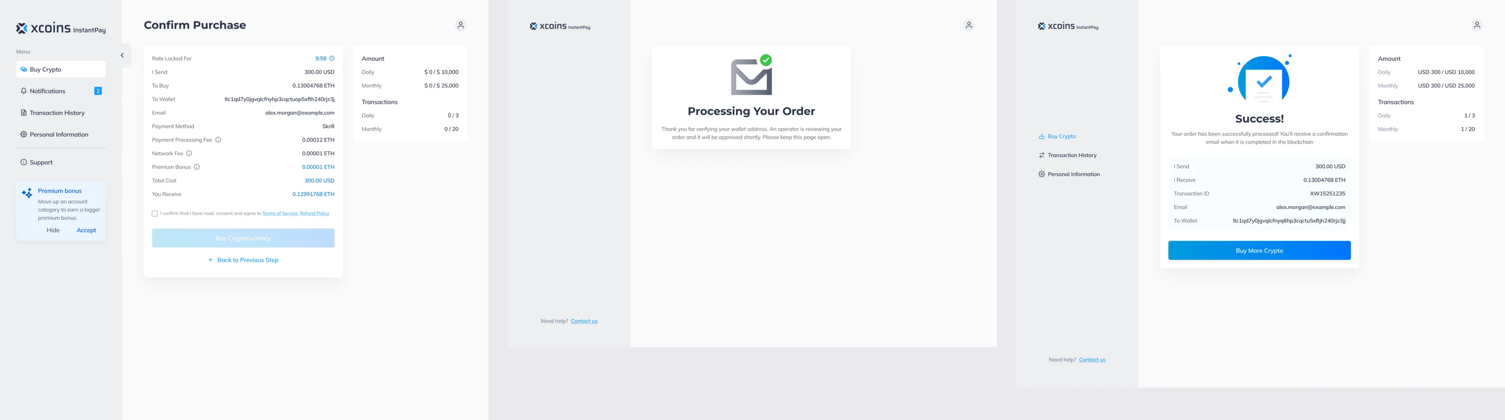 Three screens: Confirm Purchase with the full fee list, Processing Your Order, and Success with the order details and a Buy More Crypto button