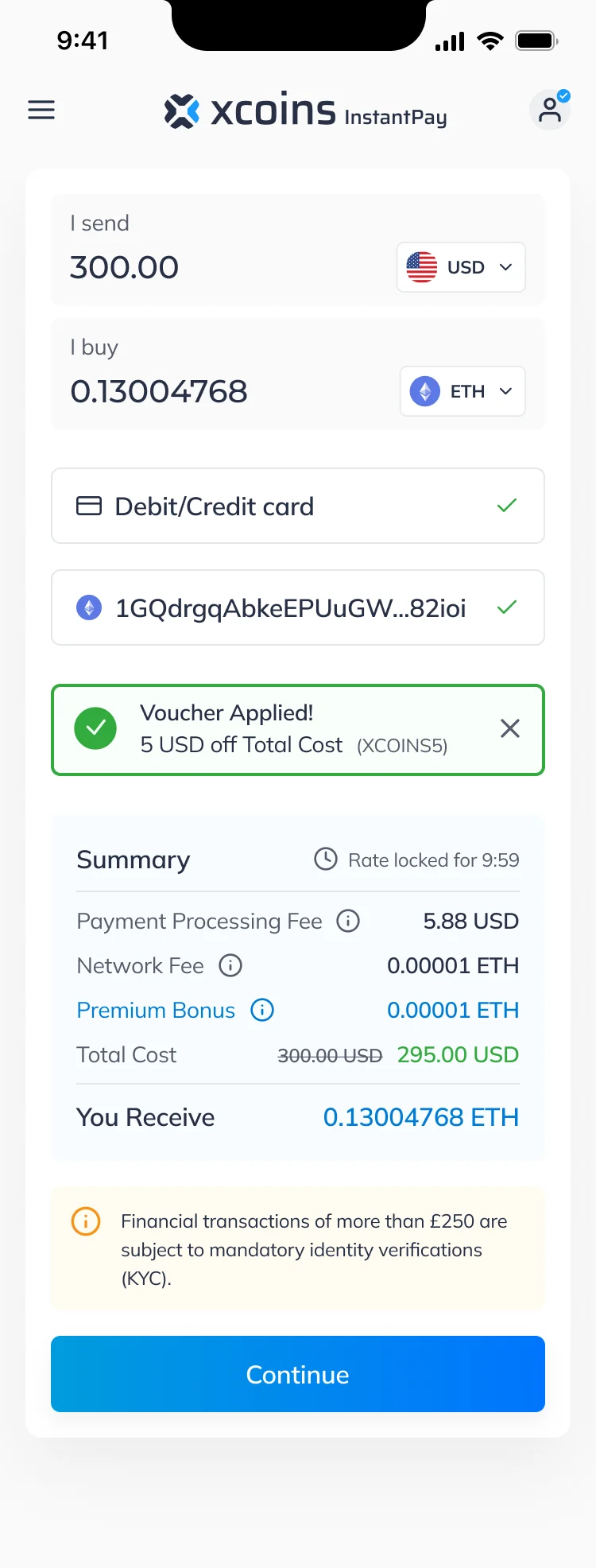 Mobile buy form with a Voucher Applied bar, 5 USD off total cost, and the total struck through and replaced by 295.00 USD