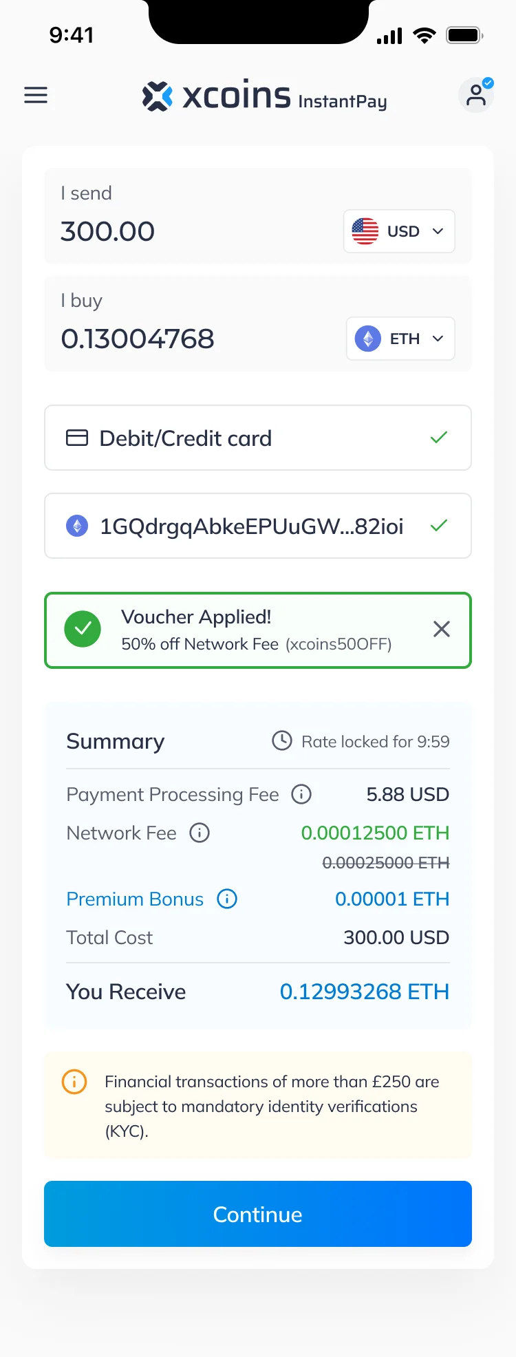 Mobile buy form with a Voucher Applied bar, 50 percent off the network fee, and the network fee shown reduced with the old value struck through