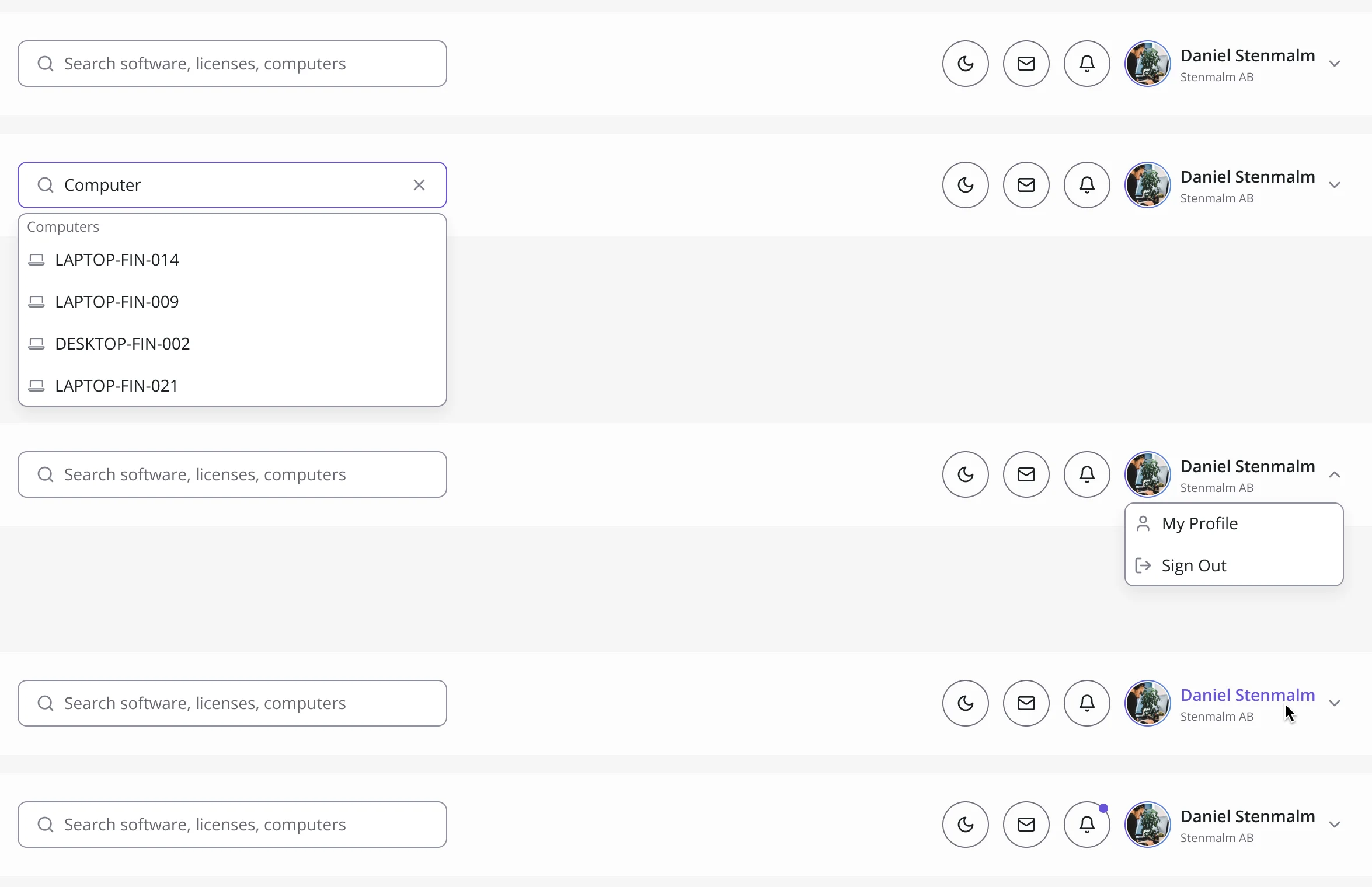 Xensam header states: the search field at rest, search results for computers, the profile menu with My Profile and Sign Out, the profile name under the pointer, and a notification dot on the bell