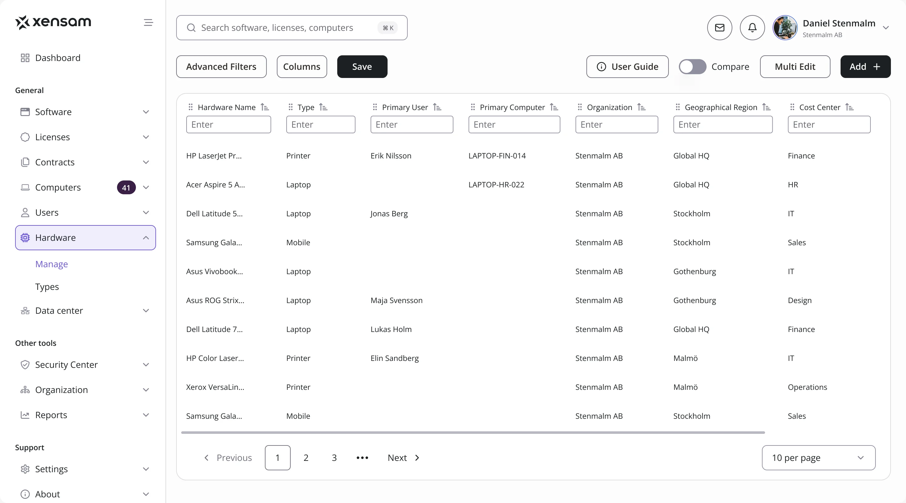 Hardware list: device name, type, primary user, primary computer, organisation, region and cost center