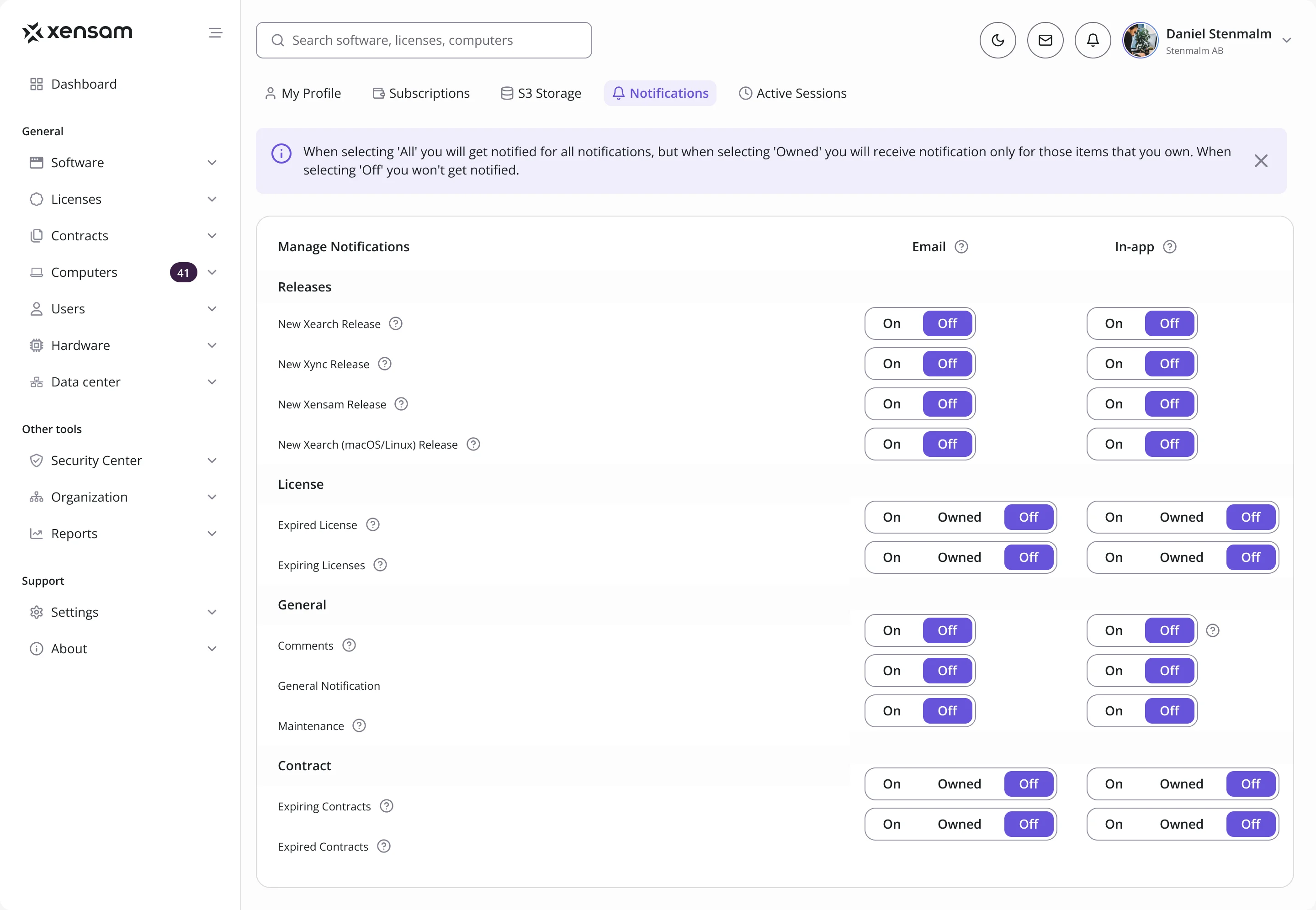 Notification settings: releases, licenses, general and contract notifications, each with on, owned or off for email and in-app