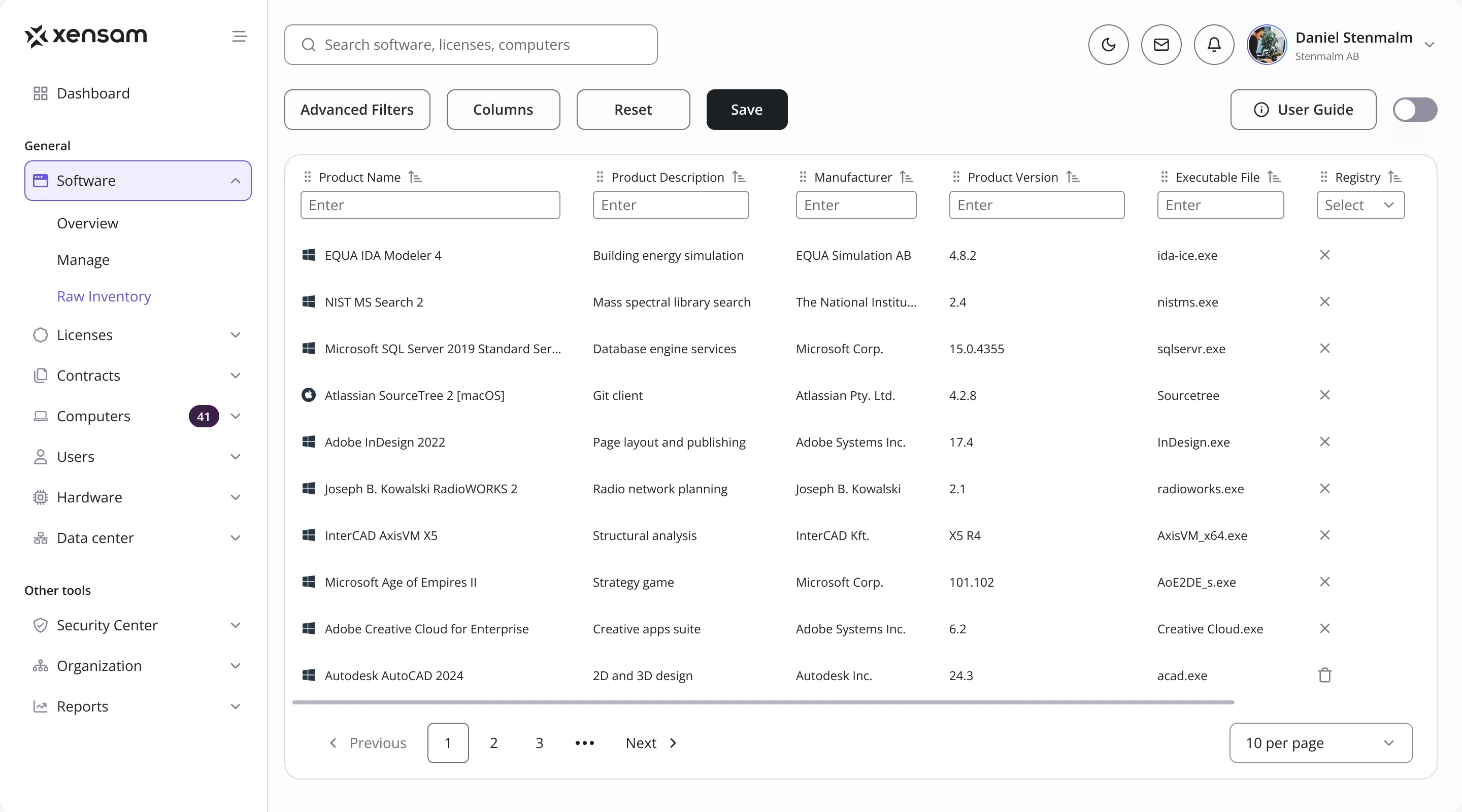 Raw software inventory: product name, description, manufacturer, version and executable file for each record