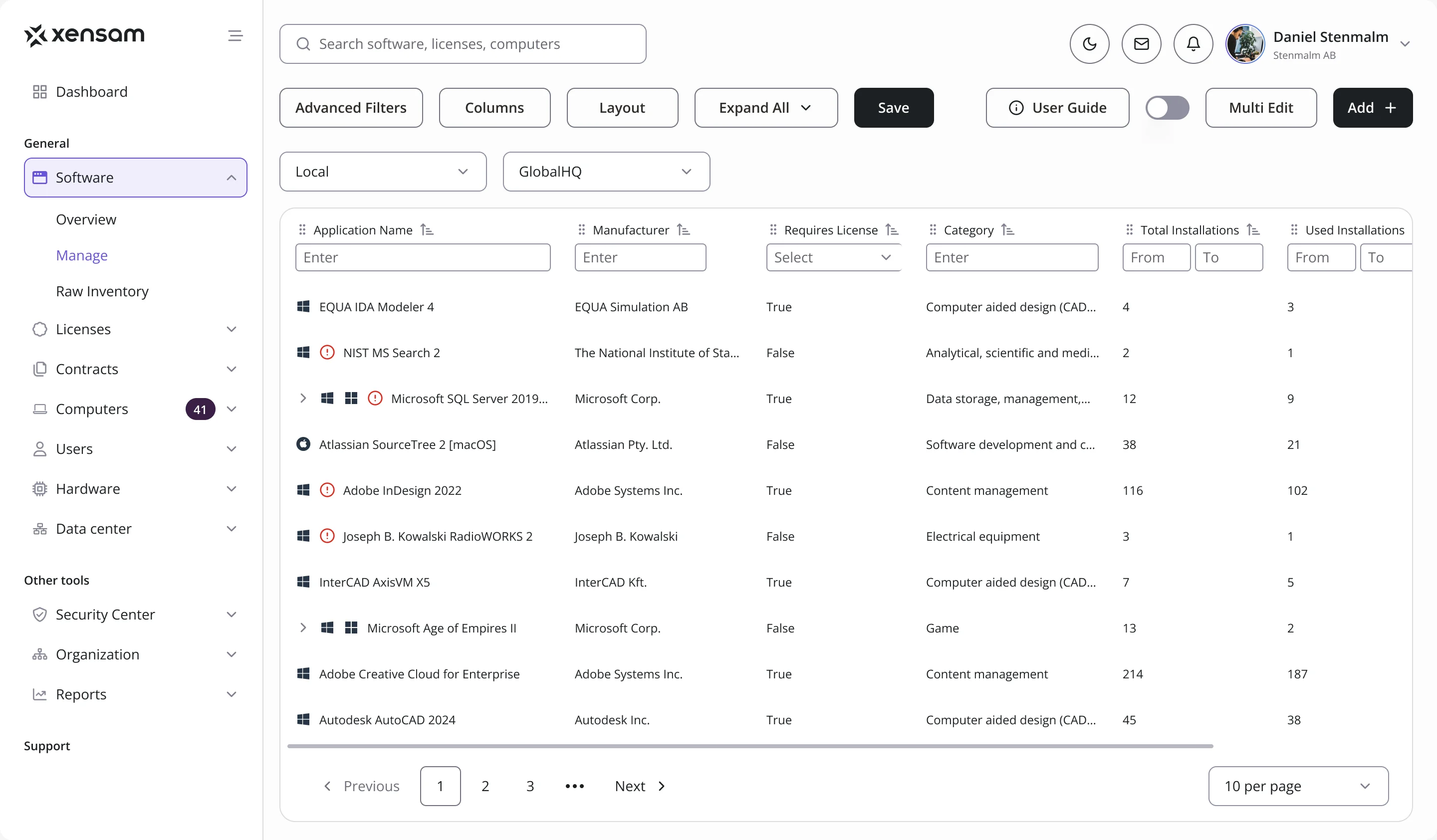 Software inventory table: application, manufacturer, whether it requires a license, category, total and used installations, with filters in every column