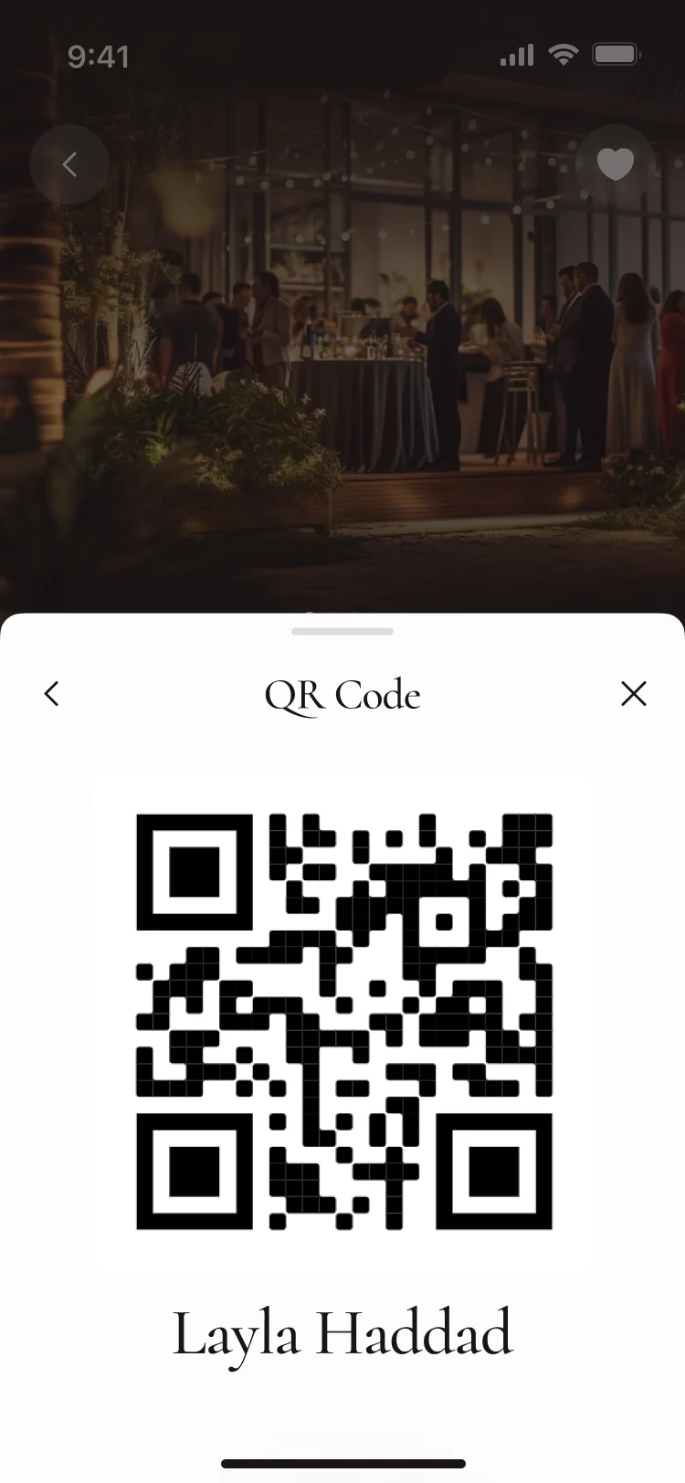 The event ticket as a QR code with the member’s name under it
