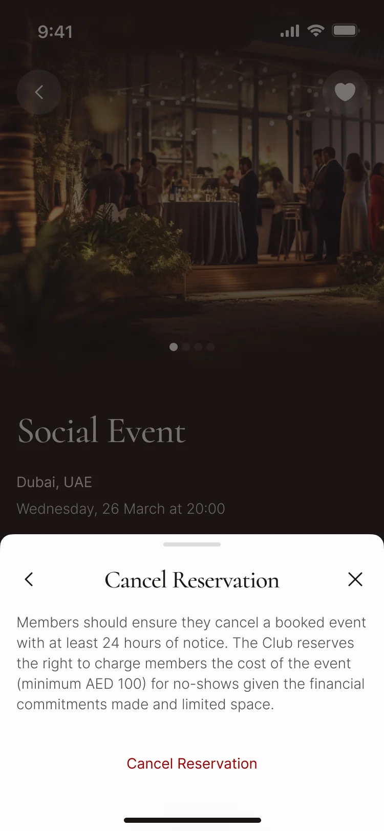 Cancel Reservation: members cancel at least 24 hours ahead, and the club may charge for late cancellations and no-shows