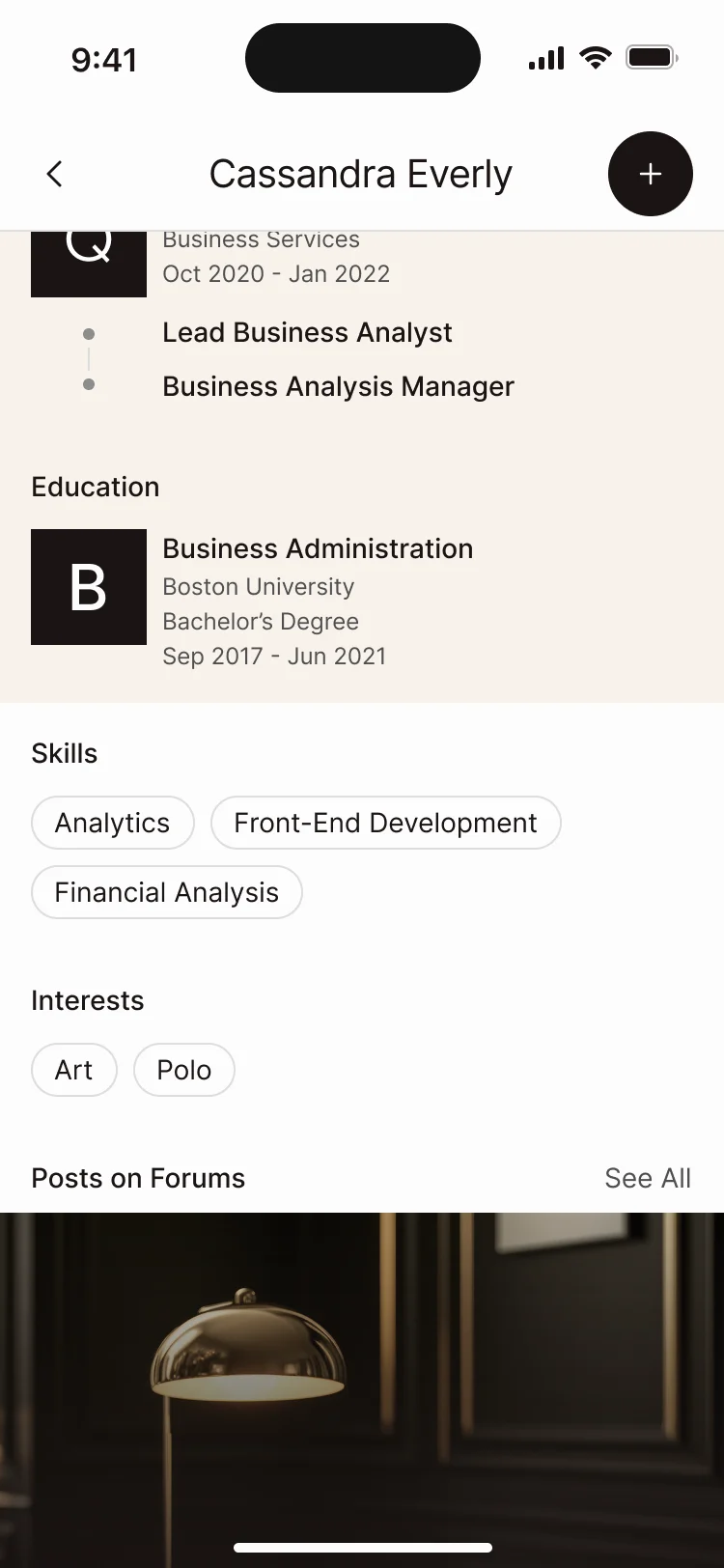 A member’s profile: past roles, education, skills, interests and their posts on the forums