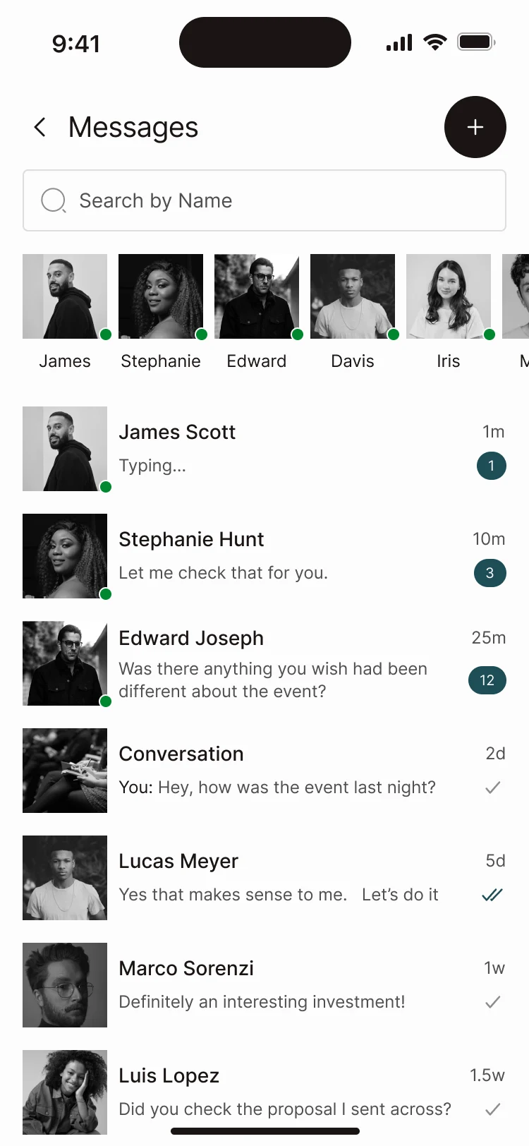 Messages: search, members online in a row, and conversations with their last message and unread count