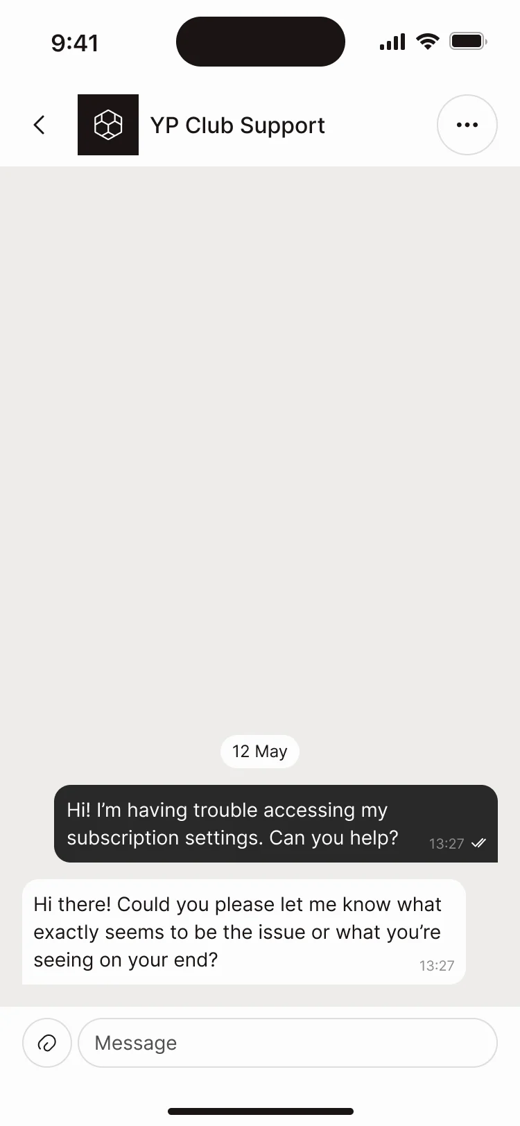 YP Club Support chat: a member asks about subscription settings and support replies