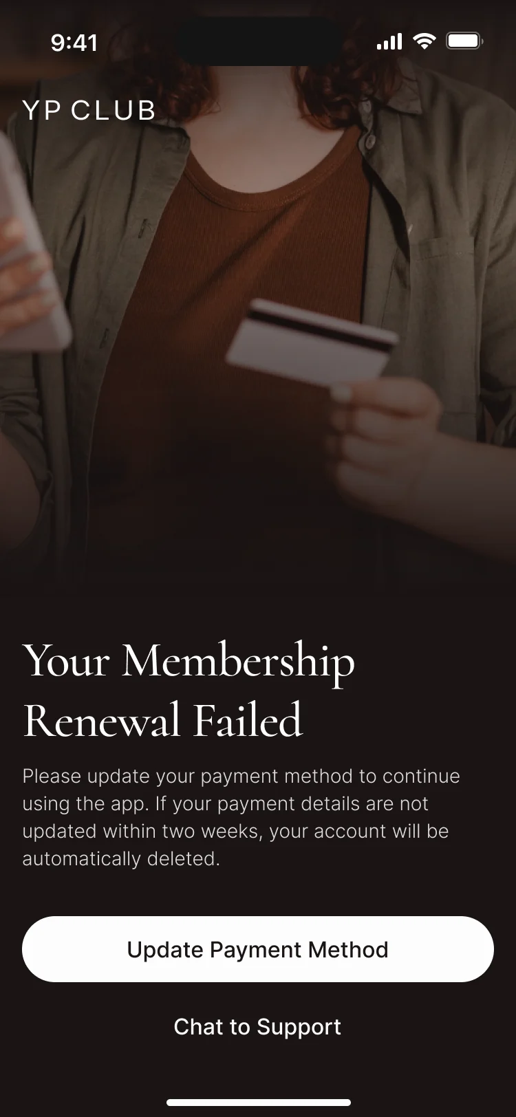 Your Membership Renewal Failed: update the payment method within two weeks, with Update Payment Method and Chat to Support