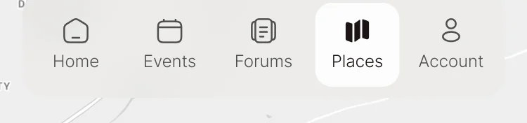 The YP Club tab bar: Home, Events, Forums, Places and Account, with Places selected
